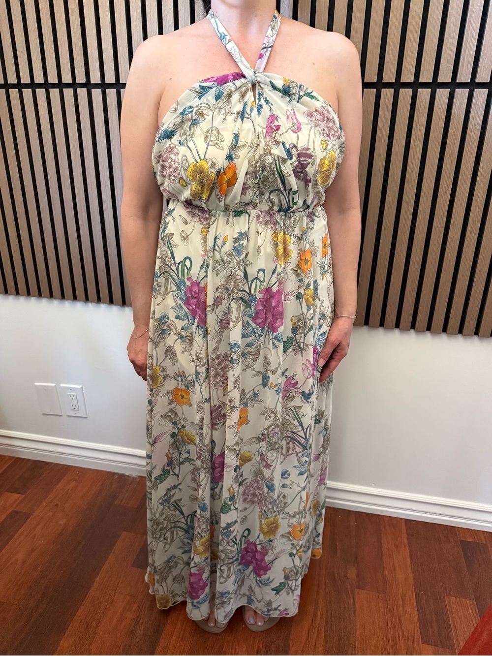 H&M Cream Halter Maxi Dress with Pink, Yellow & Blue Floral Print